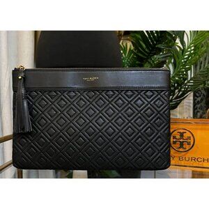 Tory Burch Black Quilted Leather Fleming Slim Zip Clutch With Tassel